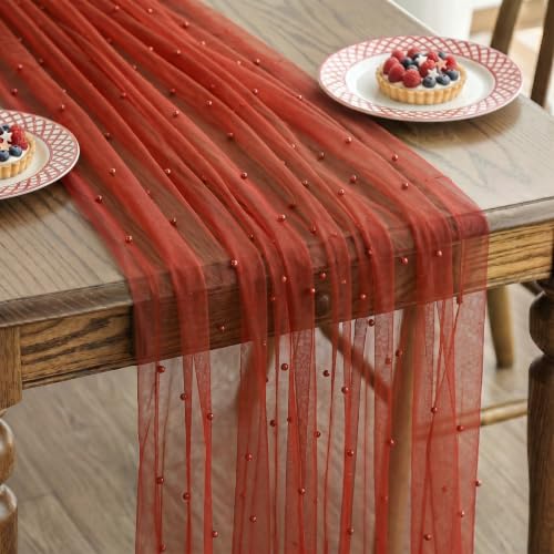 Terracotta Pearl Gauze Table Runner 120 Inch 6PCS for Wedding Party Decor