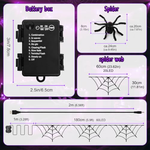 Halloween Spider Web Lights 6FT 60LED Purple with Black Spider and Timer - Indoor Outdoor Decor