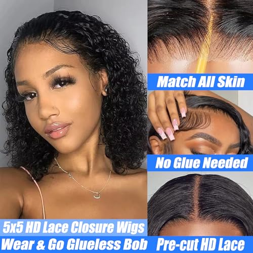 Kerberey Glueless Wigs Human Hair Pre Plucked Pre Cut Wear and Go Bob Wig Human Hair Deep Wave Wigs 5x5 HD Lace Closure Curly Wigs for Black Women Lace Front Glueless Wigs Human Hair 8Inch