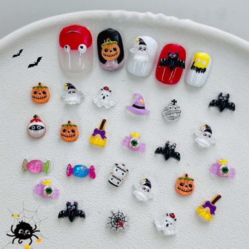 Pink Halloween Nail Charms Set - 100pcs Cute 3D Pumpkin, Ghost & Web Designs