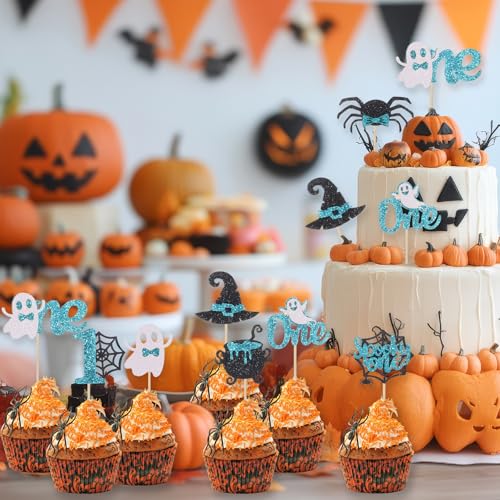 Halloween Spooky First Birthday Cupcake Toppers - Blue, Glitter, 48Pcs