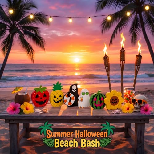 12PCS Wooden Halloween & Summerween Tabletop Decorations Set - Durable Eco-Friendly Holiday Decor
