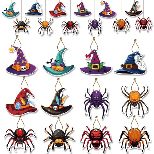 Halloween Hanging Ornaments Set - Witch Hat & Spider Decorations, Double-Sided Indoor Outdoor Decor