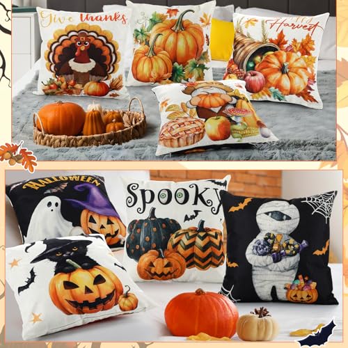 Amyhill 4-Pack Fall Pillow Covers 18x18 Inch Halloween & Thanksgiving Retro Design