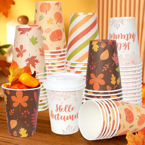 100pcs Fall Coffee Cups with Lids 12oz Disposable Pumpkin Maple Leaves Set - Thanksgiving Party Supplies