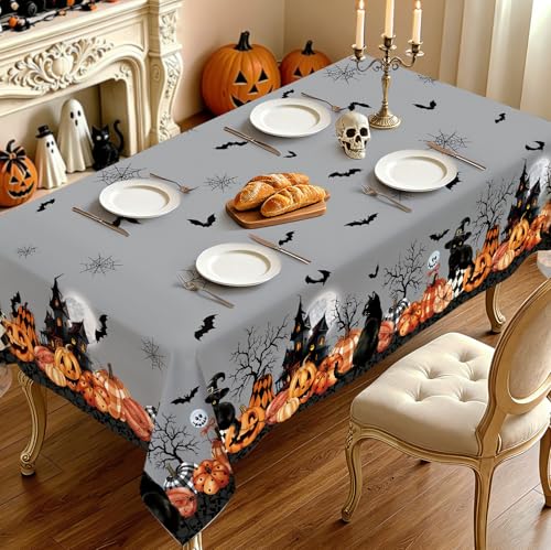 Fall Pumpkin Plaid Cat Bat Tree Rectangle Table Cloth 60x84 Inch