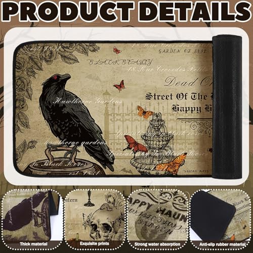Retro Halloween Kitchen Rugs Set 3 Pcs Skeleton Crow Eagle Waterproof Non Slip Mats