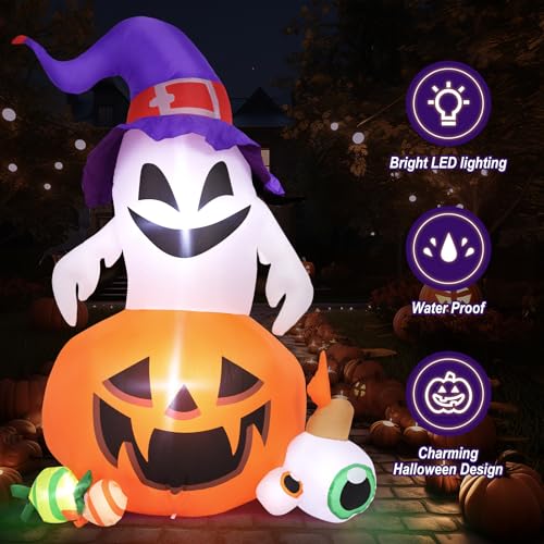 5FT Outdoor Inflatable Pumpkin Ghost Halloween Decoration with LEDs