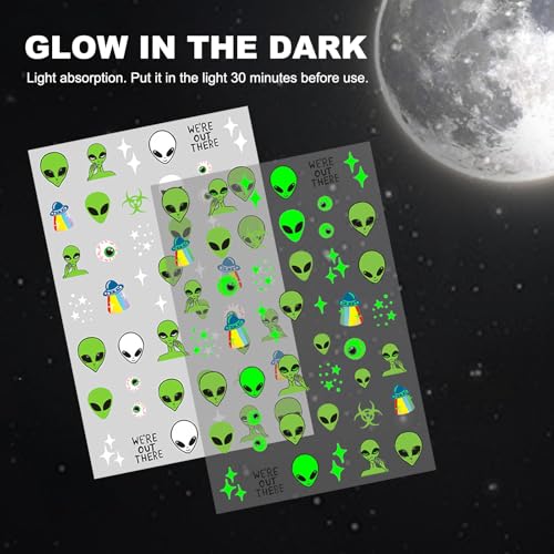 Glow in the Dark Alien Nail Art Stickers - ET UFO Space Manicure Decals, 6 Sheets