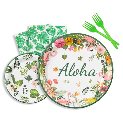 Hawaiian Party Tableware Set for 24 Guests - Luau Decorations, Plates, Napkins & Forks