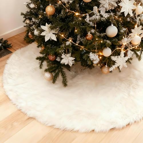 White Faux Fur Christmas Tree Skirt 60 Inch Luxury Velvet Holiday Decor - Variation: White-Faux Fur / 60IN