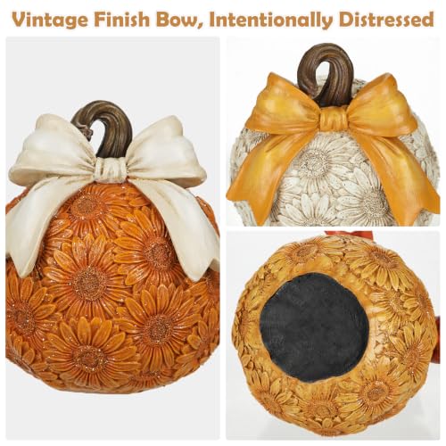 Fall Sunflower Pumpkin Decor Set - 3 Pack Artificial Autumn Pumpkins with Bows - White, Orange, Yellow