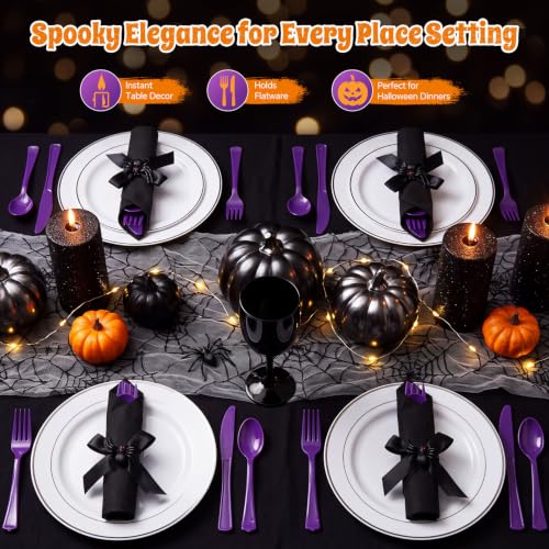 Halloween Spider Themed Disposable Cutlery Set - Black and Purple, 30 Pieces