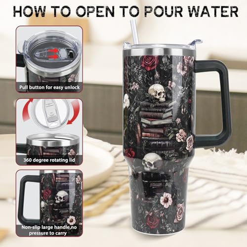 40oz Gothic Skull Rose Tumbler for Book Lovers Insulated Travel Mug - Black