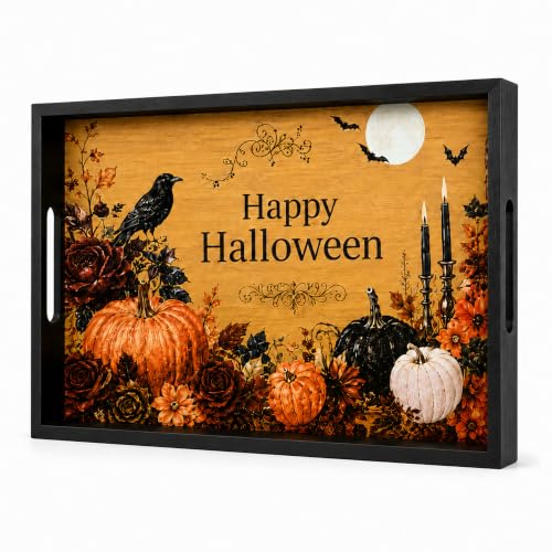 Bamboo Halloween Wooden Serving Tray with Handles 17x12 inches - Fall Decor