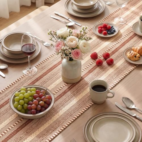 Caramel Farmhouse Stripe Braided Table Runner 12x120 Inch - Cotton & Polyester