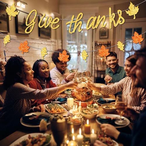 Thanksgiving Banner Set with Glitter 'Give Thanks' & Fall Leaf Garland - DIY Party Decorations