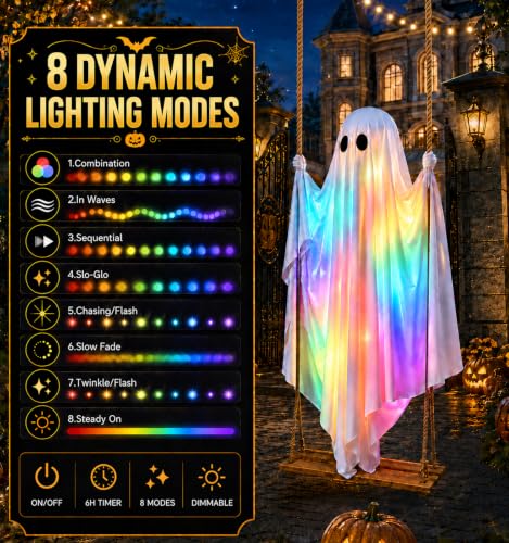 Large Outdoor Hanging Ghost Decoration - 5.5Ft Swing Ghost with Rainbow Lights