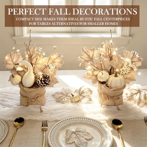 Fall Table Centerpieces with LED Timer - 2 Pack Autumn Decor with Maple Trees, Pumpkins & Berries