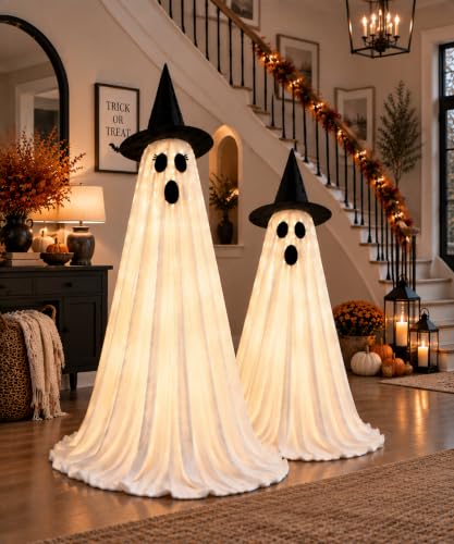 White 2-Pack Light Up Ghost Halloween Decorations Outdoor Spooky Decor with Smart Lighting