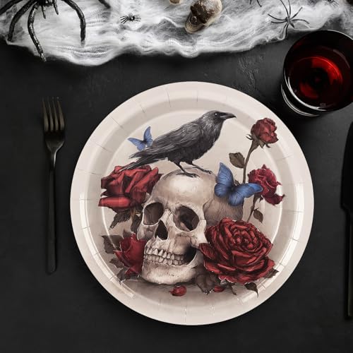 Halloween Vintage Paper Plates with Skull Rose Crow Design - 9 Inch Disposable Party Tableware, Pack of 50