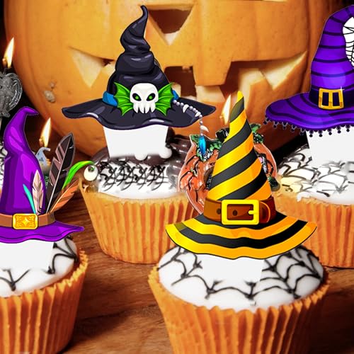 48Pcs Witch Hat Cupcake Toppers Halloween Party Decorations - Witch Hat Theme