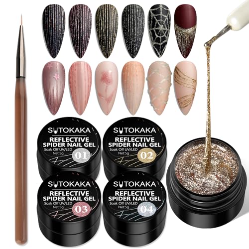 Reflective Glitter Spider Gel Nail Art Set - Gold, Silver, Pink, Black