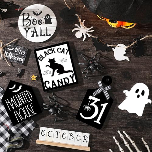 Halloween Tiered Tray Decor Set with Ghost and Bat Wooden Signs - 15 Pieces - Variation: Ghost Bat