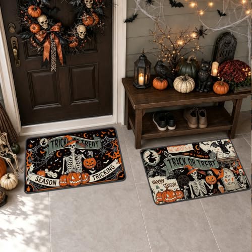 Halloween Skeleton Black Cat Floor Rugs Set of 2 - Vintage Spooky Entryway Mats with Silicone Backing