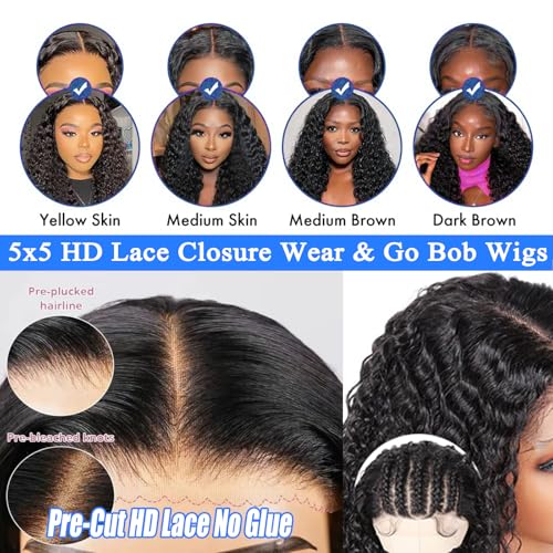 Kerberey Glueless Wigs Human Hair Pre Plucked Pre Cut Wear and Go Bob Wig Human Hair Deep Wave Wigs 5x5 HD Lace Closure Curly Wigs for Black Women Lace Front Glueless Wigs Human Hair 8Inch
