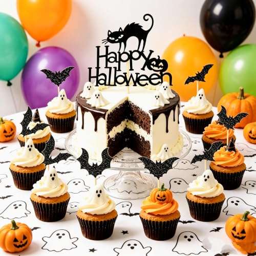 Halloween Cupcake Toppers Black Bat & Cat Style Set - 25 Pieces, Style-2