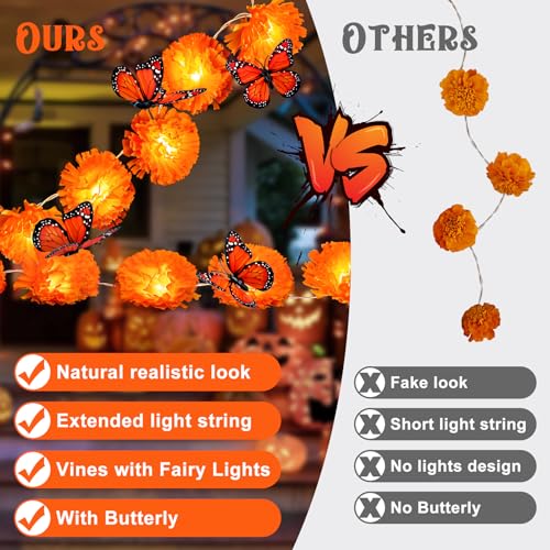 Orange Day of the Dead Decor Set with Lighted Marigold Garlands & Butterflies - 4 Pieces