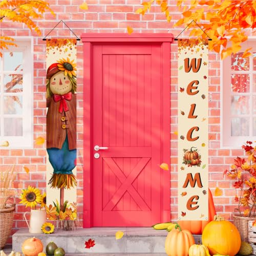 Fall Decor Banner with Scarecrow - Thanksgiving Autumn Banner for Porch & Wall