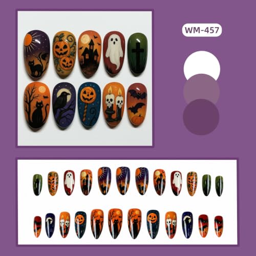 Halloween Press On Nails Short Almond Fake Nails Set - 24Pcs, Style 83