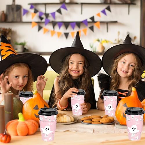 Pink Halloween Ghost Coffee Cups Set - 50 Pcs 16oz Disposable Cups with Lids & Sleeves