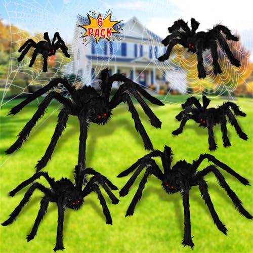 Halloween Outdoor Large Spider Decorations 6 Pack - Realistic Creepy Spiders for Yard & Porch - Vivid Black Hair & Red Eyes - Adjustable Legs