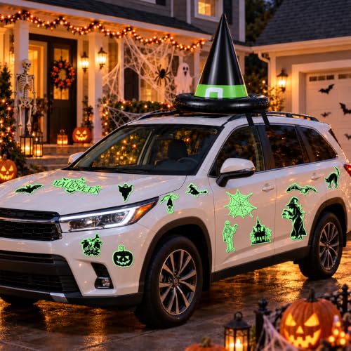 Halloween Witch Hat Car Decorations Kit - Neon Green Inflatable & Magnet Set for Trunk or Treat