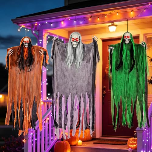 Halloween Hanging Skeleton Ghost Decorations Set with Light Up Red Eyes - Multicolor