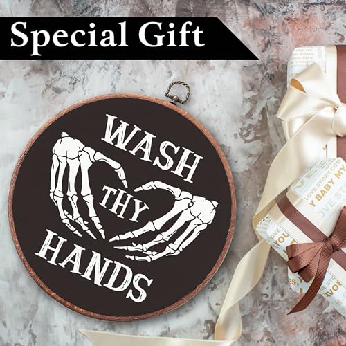 Gothic Round Canvas Wall Art - Wash Hands Skeleton Dark Bathroom Decor