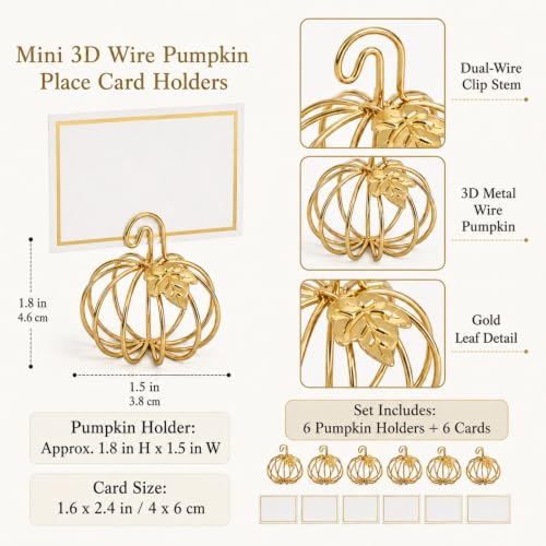 Metal Pumpkin Place Card Holders - Set of 6 Thanksgiving Table Decor