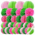 Party Decor Set with Pink and Green Paper Lanterns, Pom Poms & Honeycombs - Reusable Event Decorations