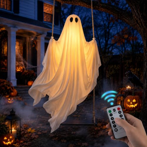5 Ft Halloween Hanging Ghost Swing Decoration with LED Lights, Remote & Timer