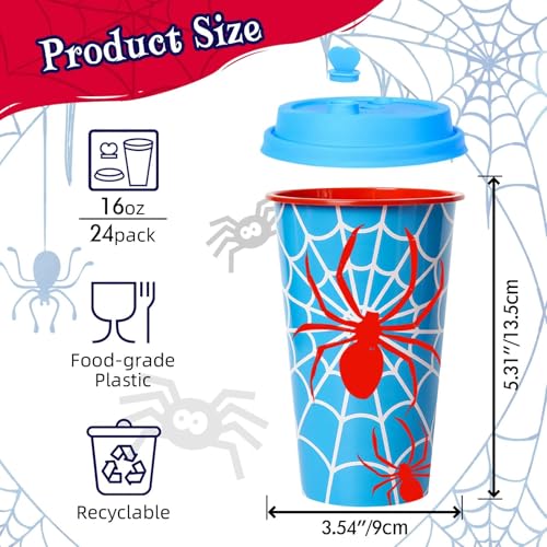 24 Pack Halloween Spider Web Plastic Party Cups with Lids - Reusable Kids Birthday Favors