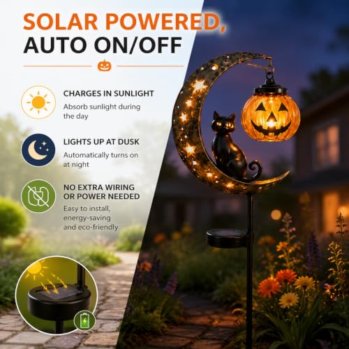 Halloween Black Cat LED Lantern Waterproof Outdoor Holiday Decoration with Crescent Moon & Hanging Jack-O'-Lantern