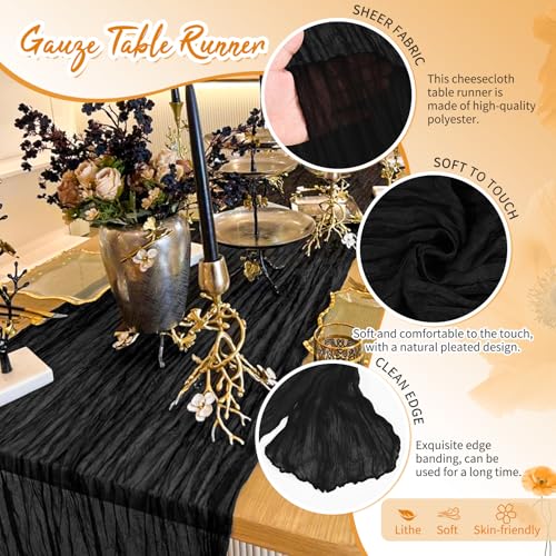 Showgeous 20 Pack Black Cheesecloth Table Runner - 17 x 108 Inches, Wedding & Party Decor