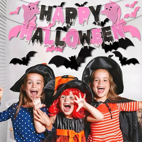 Halloween Pink Black Banners & 3D Bat Stickers Set for Indoor Wall Decor - Halloween Party Decorations - Variation of THIS listing