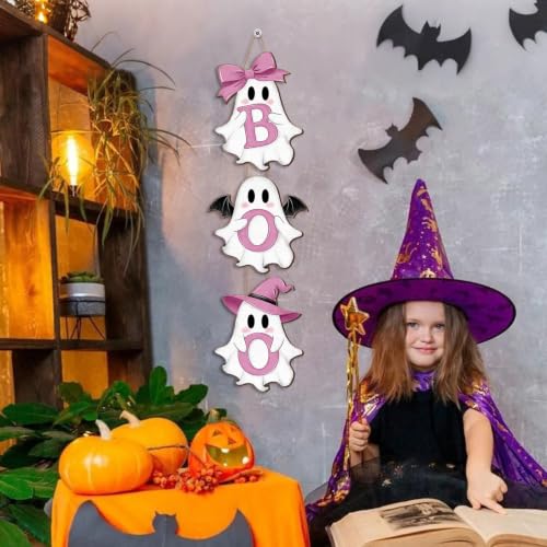 Halloween Pink Ghost Door Sign Decorations - Boo Wreath Hanger with 3 Plaques