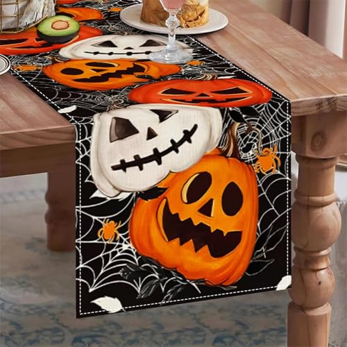 Halloween Pumpkins Table Runner - Orange Linen Fall Decor for Dining & Parties
