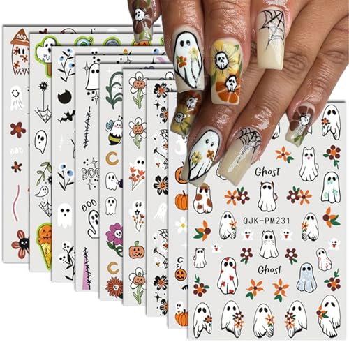 Halloween Nail Art Stickers Set - 9 Sheets Fall 3D Self-Adhesive Decals with Ghost Pumpkin Spider Web Designs - Style 4