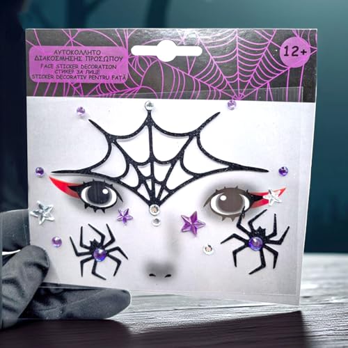 Halloween Glitter Spider Face Sticker - Black Spider & Web with Gems, Waterproof & Self-Adhesive, for Makeup & Cosplay - Black Variation